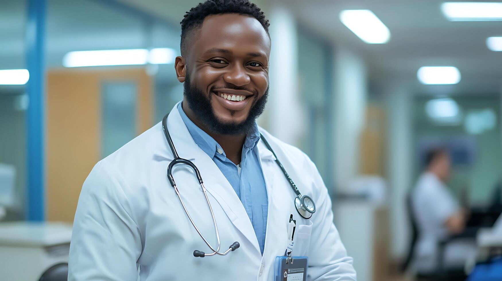 Smiling doctor in a medical coat and stethoscope He exudes confidence and friendliness in a modern hospital setting Healthcare professional photo