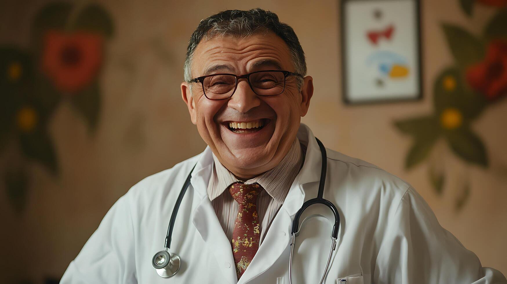 Friendly doctor with a big smile wearing a lab coat and stethoscope exuding approachability and good humor in a medical setting photo