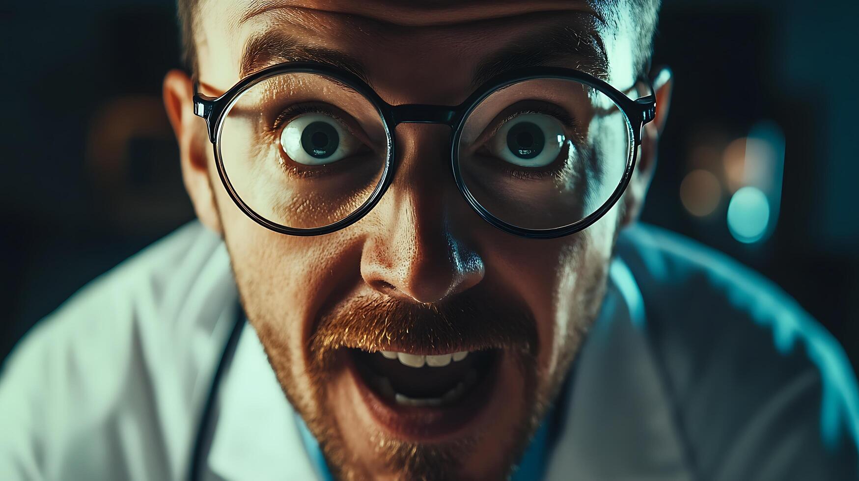 Excited man with wide eyes and glasses wearing a white shirt and dark background looks surprised with a vibrant expression photo