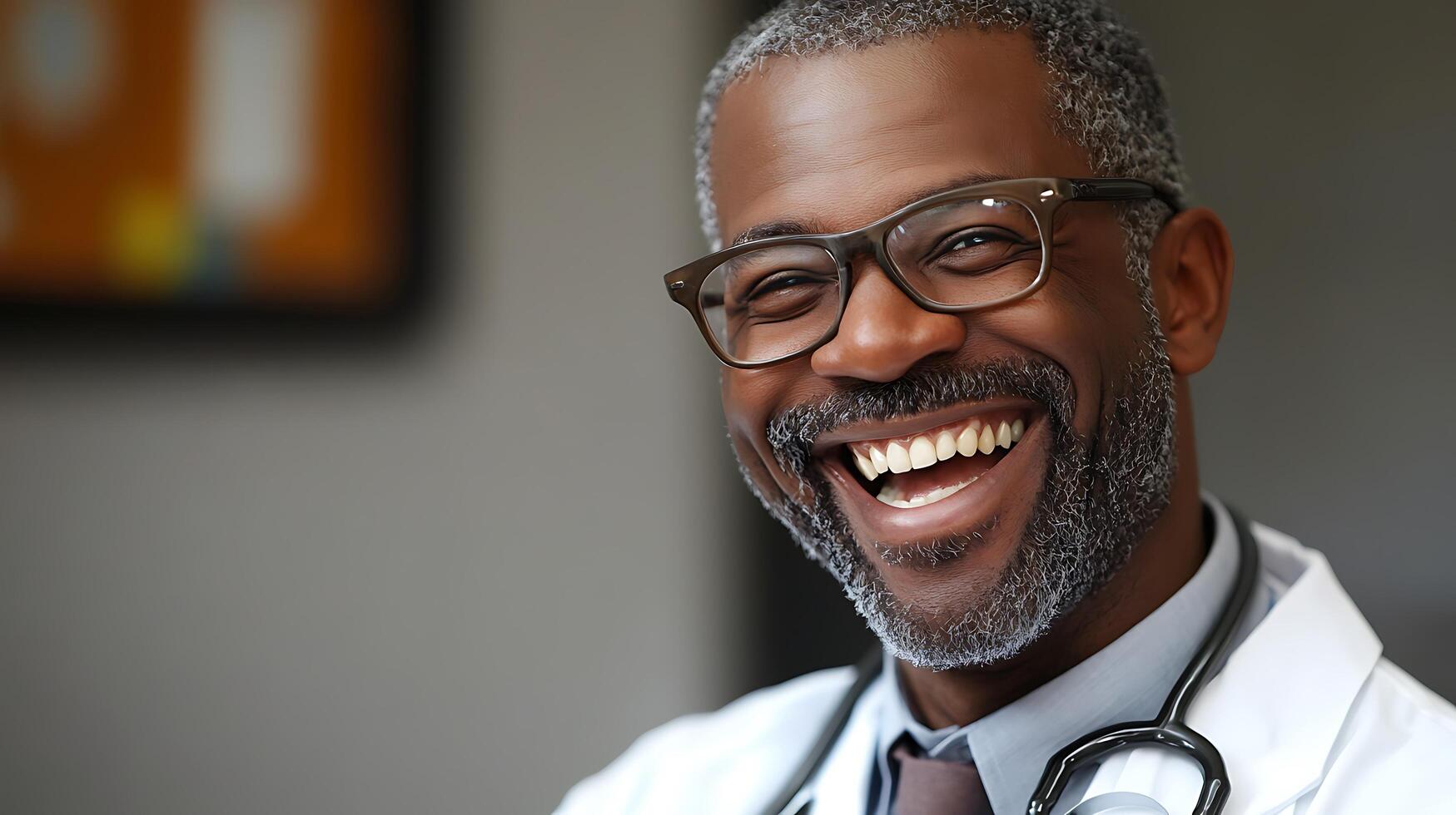 Friendly doctor with a contagious laugh wearing glasses and a lab coat embodying health and confidence with a warm smile photo
