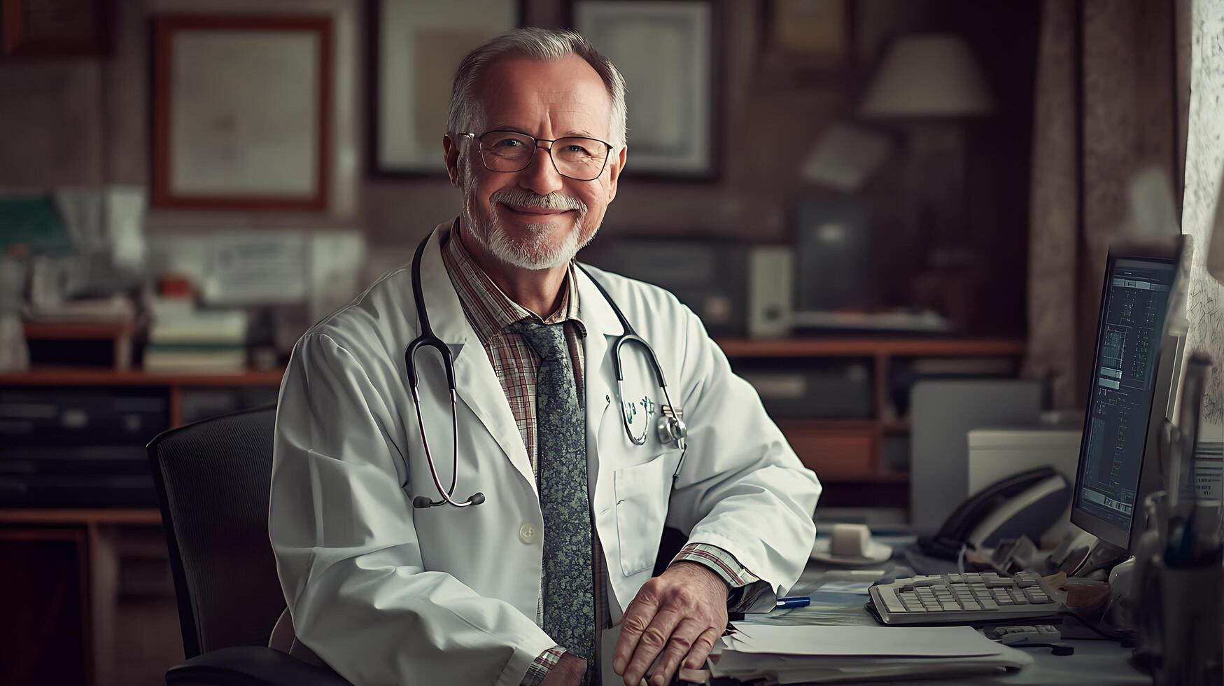Portrait of a mature doctor with glasses and a stethoscope in his office smiling confidently He seems trustworthy and caring photo