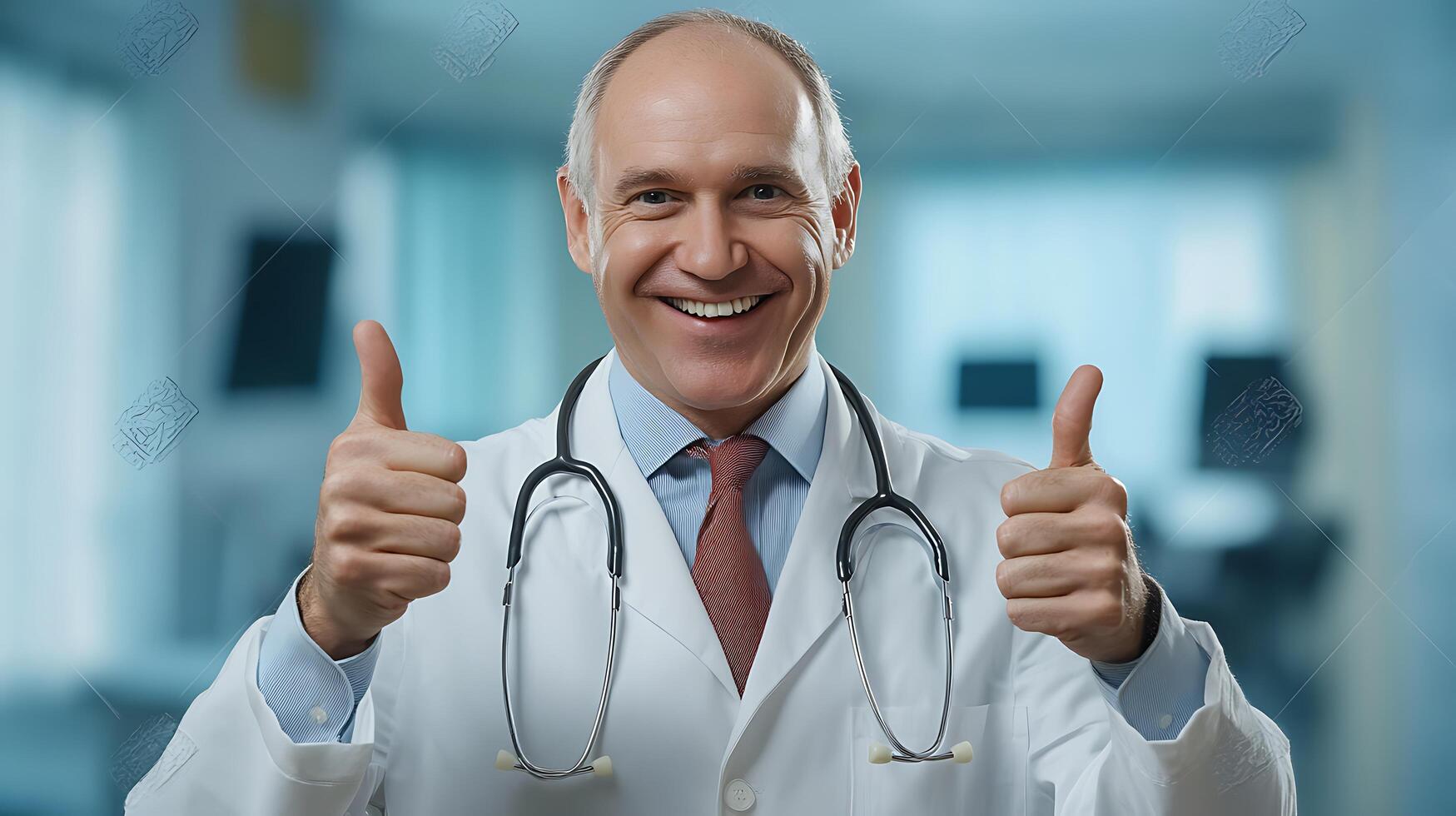 Friendly doctor giving thumbs up for good health wearing a white coat and stethoscope in a modern hospital setting showing encouragement photo