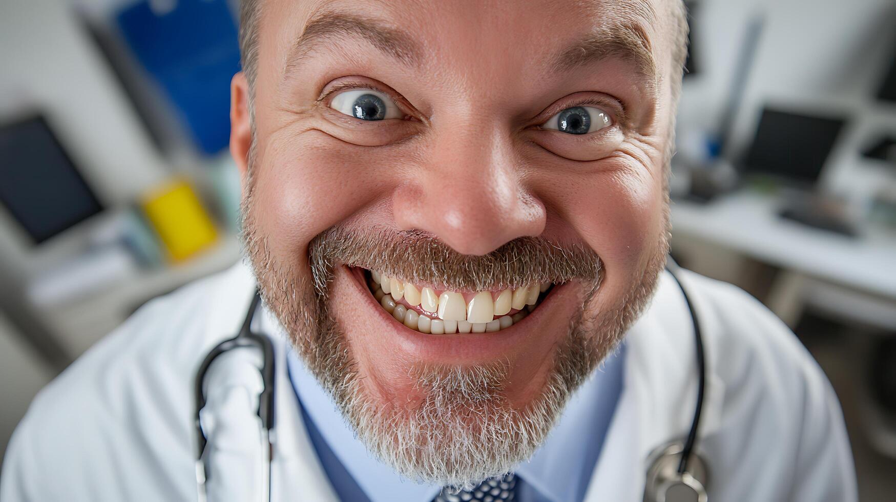 Eccentric doctor with an exaggerated smile and wide eyes captured in a close-up shot conveying humor and unconventional bedside manner photo