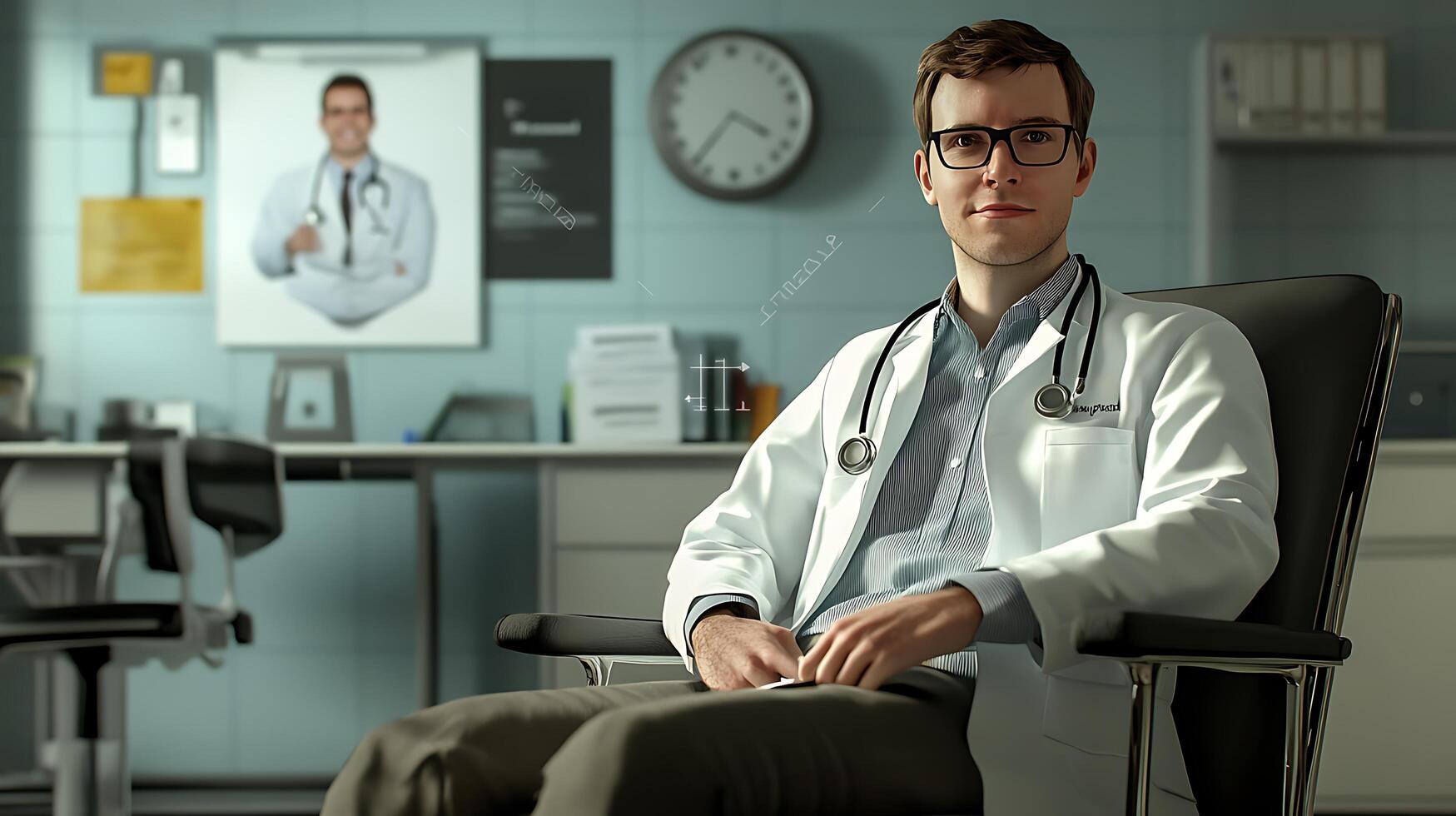 Doctor in office environment showcasing a modern workspace with a clock on the wall and portrait Warm lighting professional attire photo