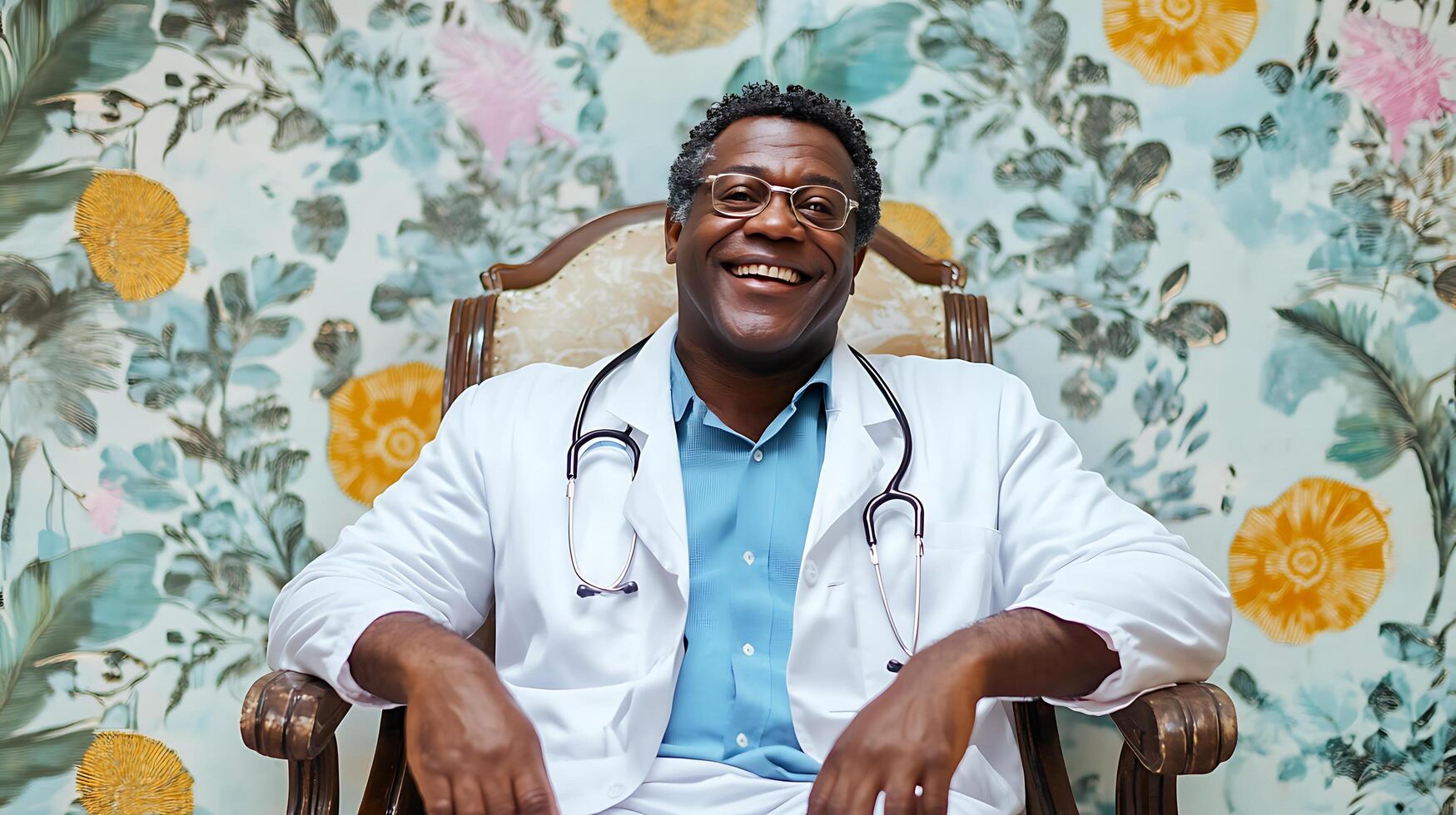 Confident doctor smiles exuding warmth in floral setting Stethoscope draped around neck embodying expertise and a caring demeanor photo