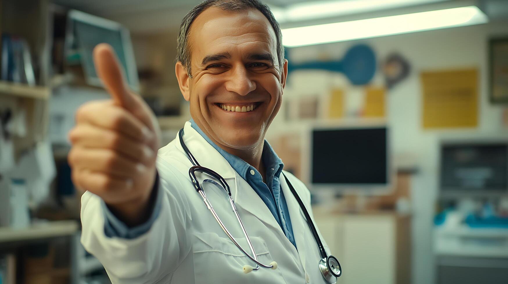 Smiling doctor giving a thumbs up symbolizing health and wellness in a clinical environment stethoscope around neck showing positivity photo