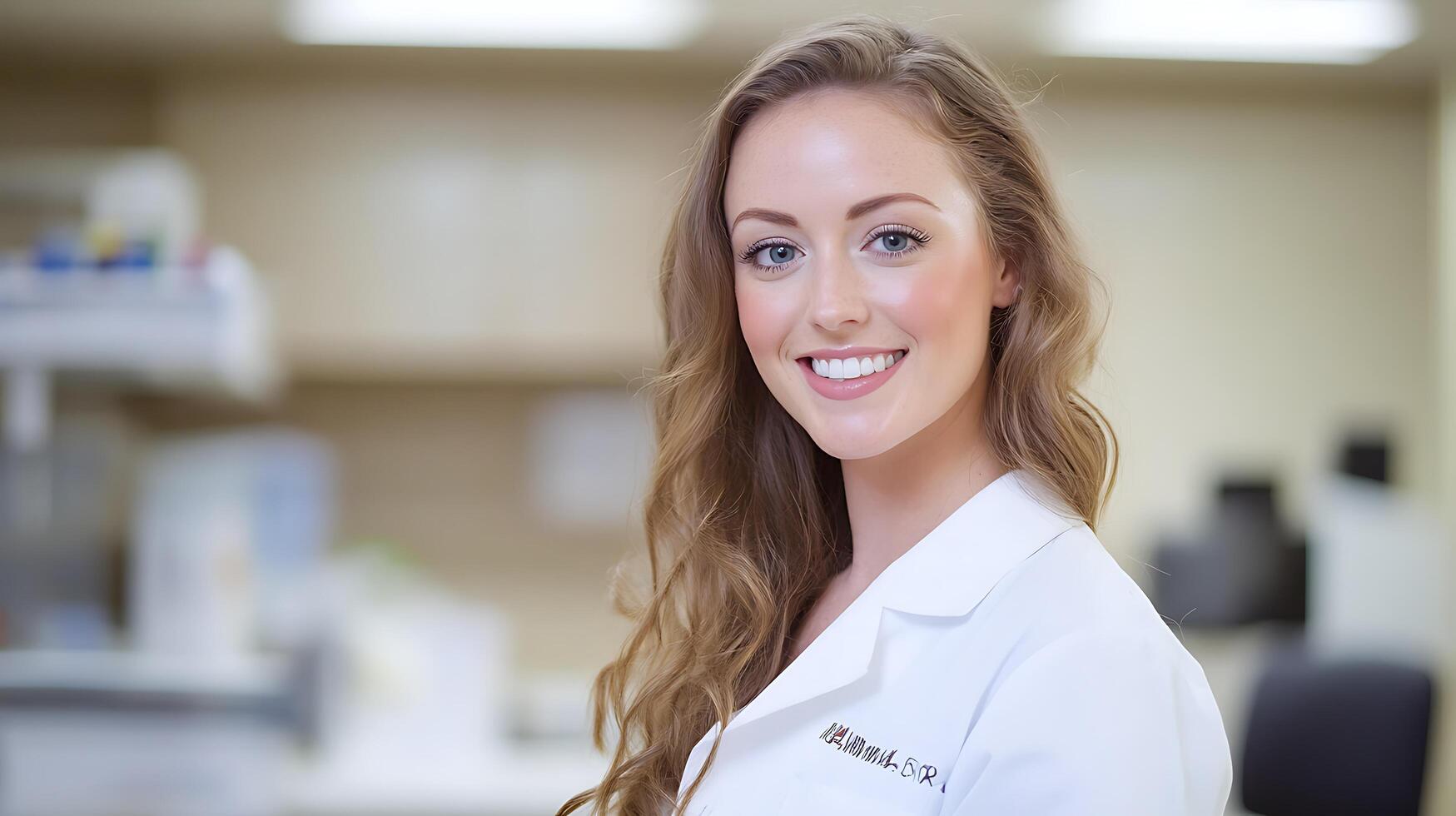 Friendly medical professional in a white coat with a warm smile radiating competence and care ready to assist patients in a medical setting photo