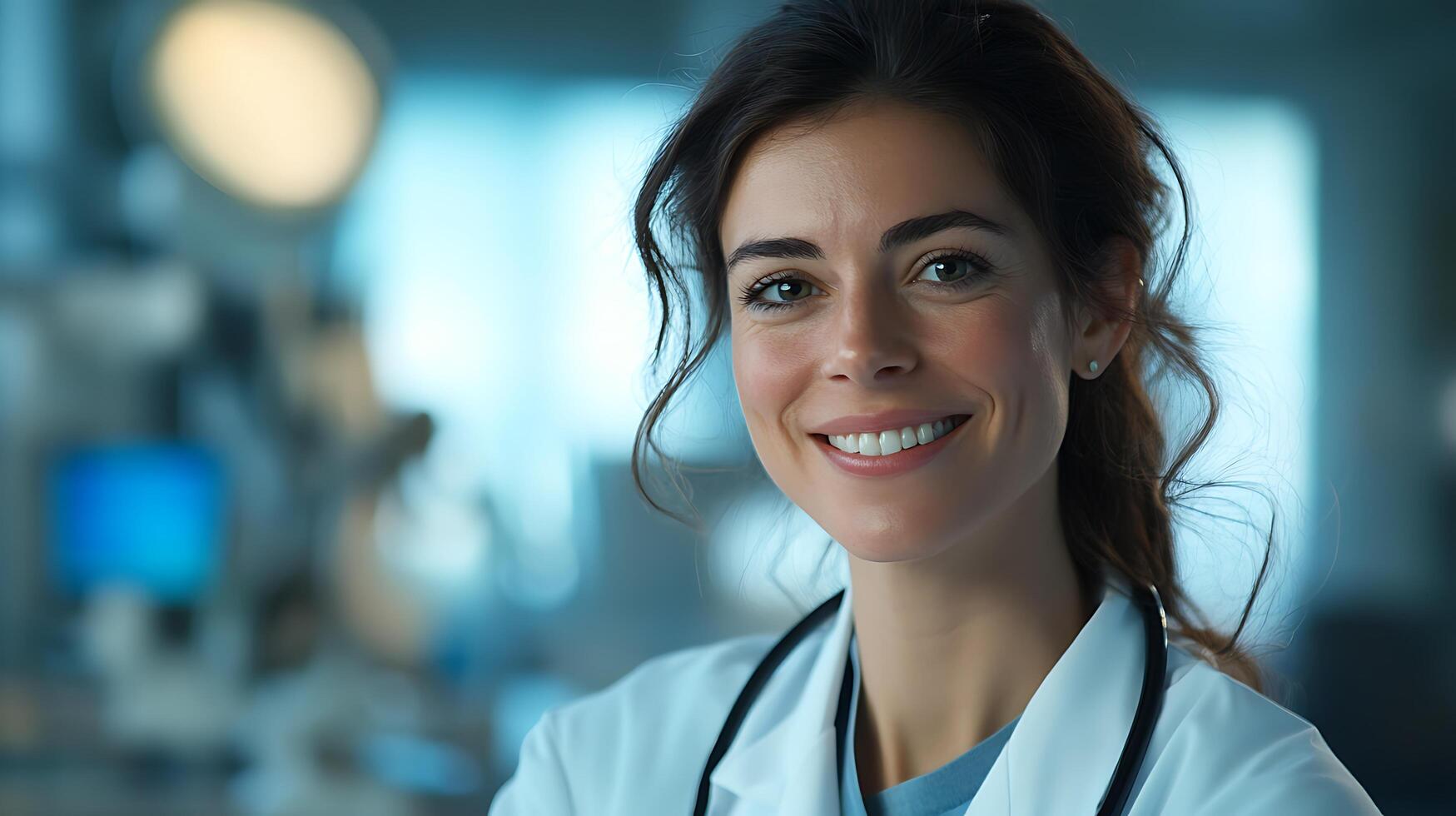 Smiling medical professional in lab coat with stethoscope creating a sense of trust and expertise in a healthcare setting photo