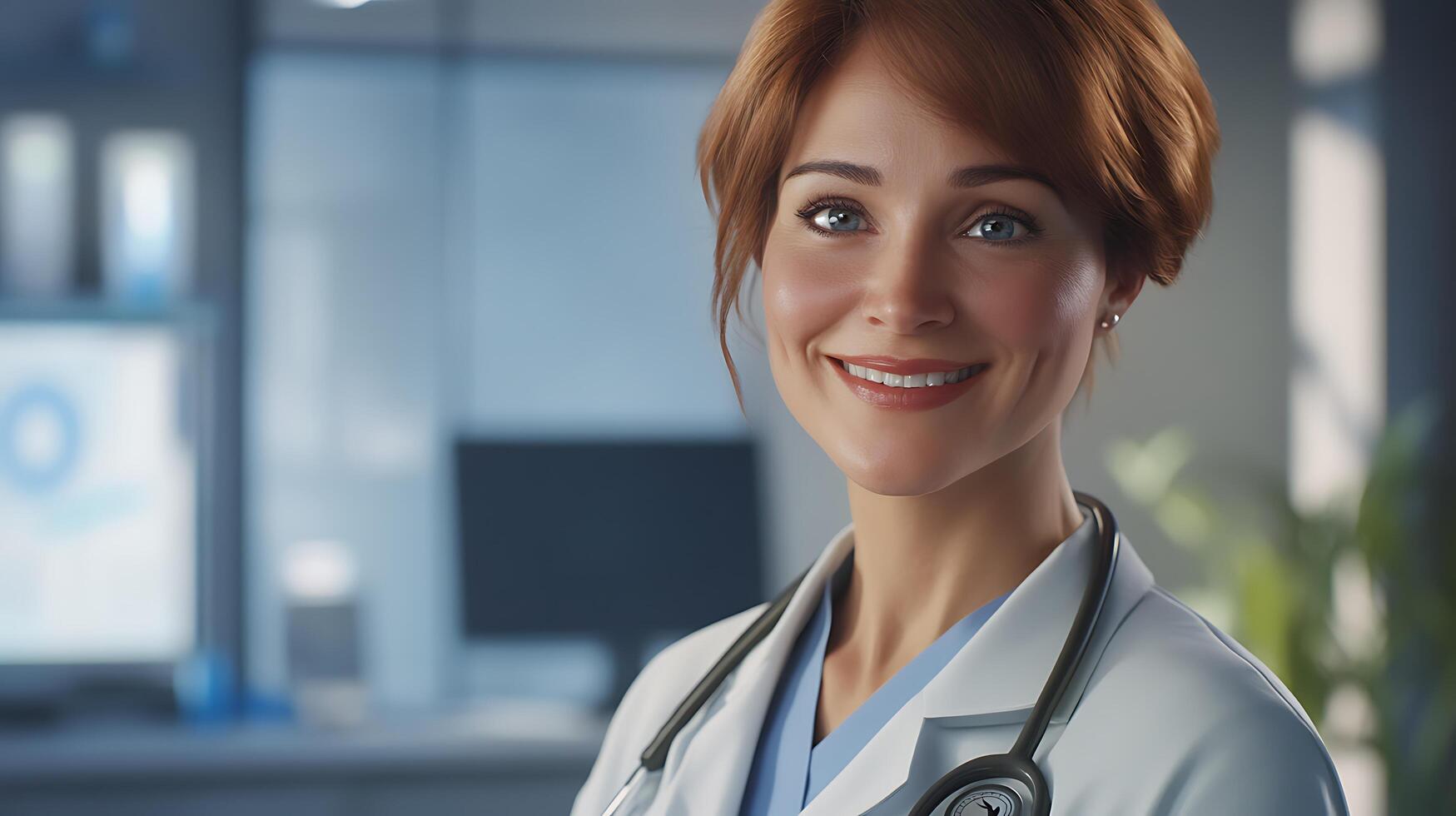Smiling female doctor in lab coat and stethoscope looking forward with a caring gaze Healthcare professional in a clinical setting photo