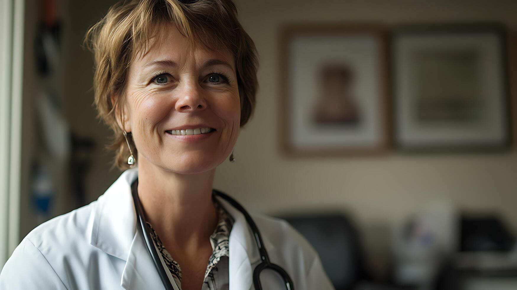 A portrait of a confident healthcare professional smiling warmly wearing a white lab coat and stethoscope in a clinical setting photo