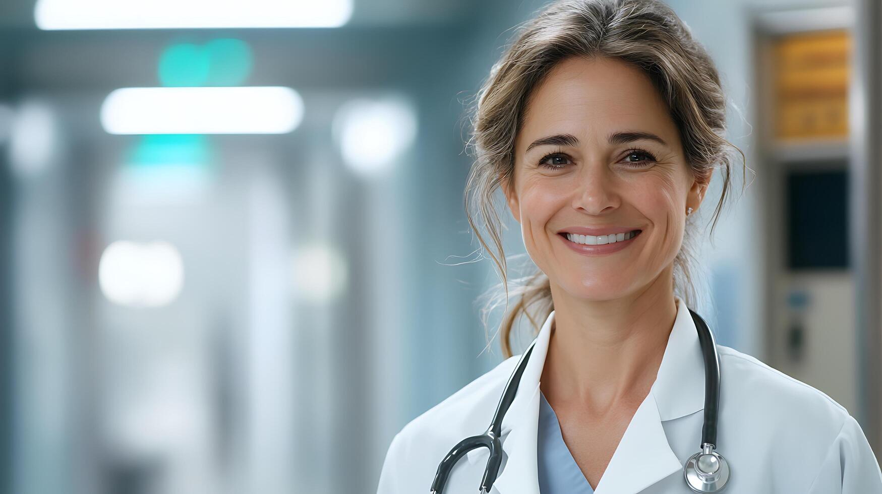 Confident healthcare professional with a warm smile wearing a lab coat and stethoscope standing in a modern medical facility photo