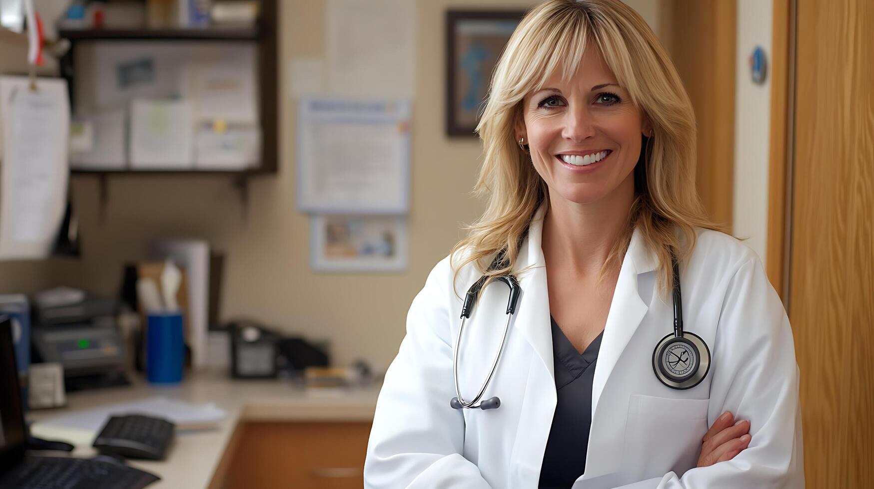 Confident female doctor in white coat with stethoscope in office Smiling medical professional Ready to help and provide quality service photo