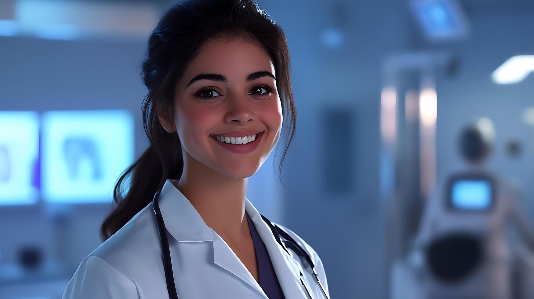 Smiling healthcare professional wearing a white coat and stethoscope in a modern medical setting offering comfort and expertise photo