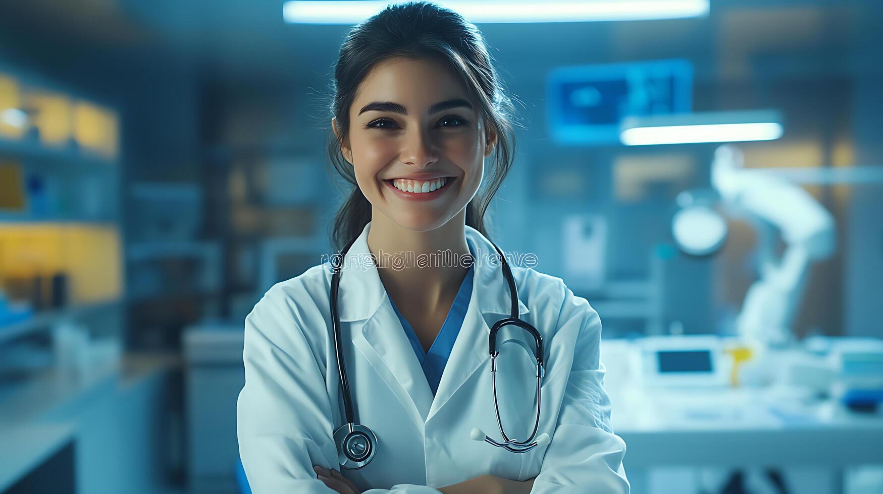 Smiling woman in a lab coat with a stethoscope radiating competence and confidence in a medical research environment Professional shot photo