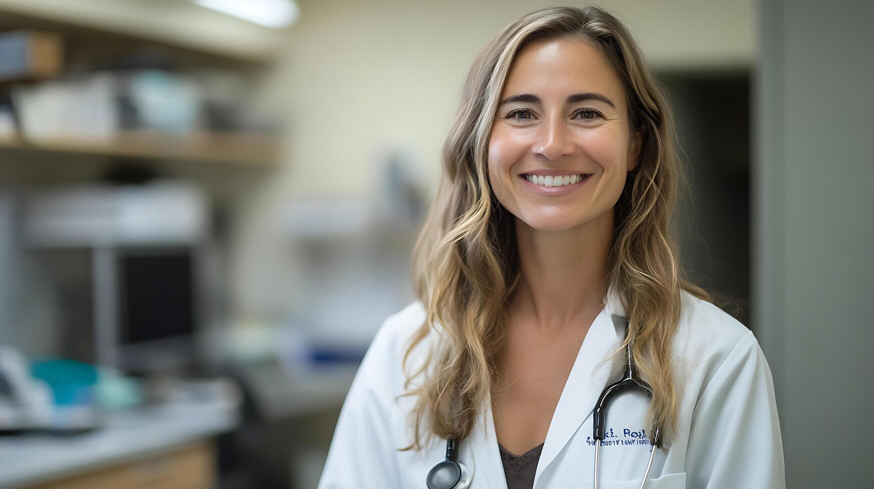 Smiling female doctor in lab coat Healthcare professional with stethoscope in clinic Confident warm compassionate medical practitioner photo