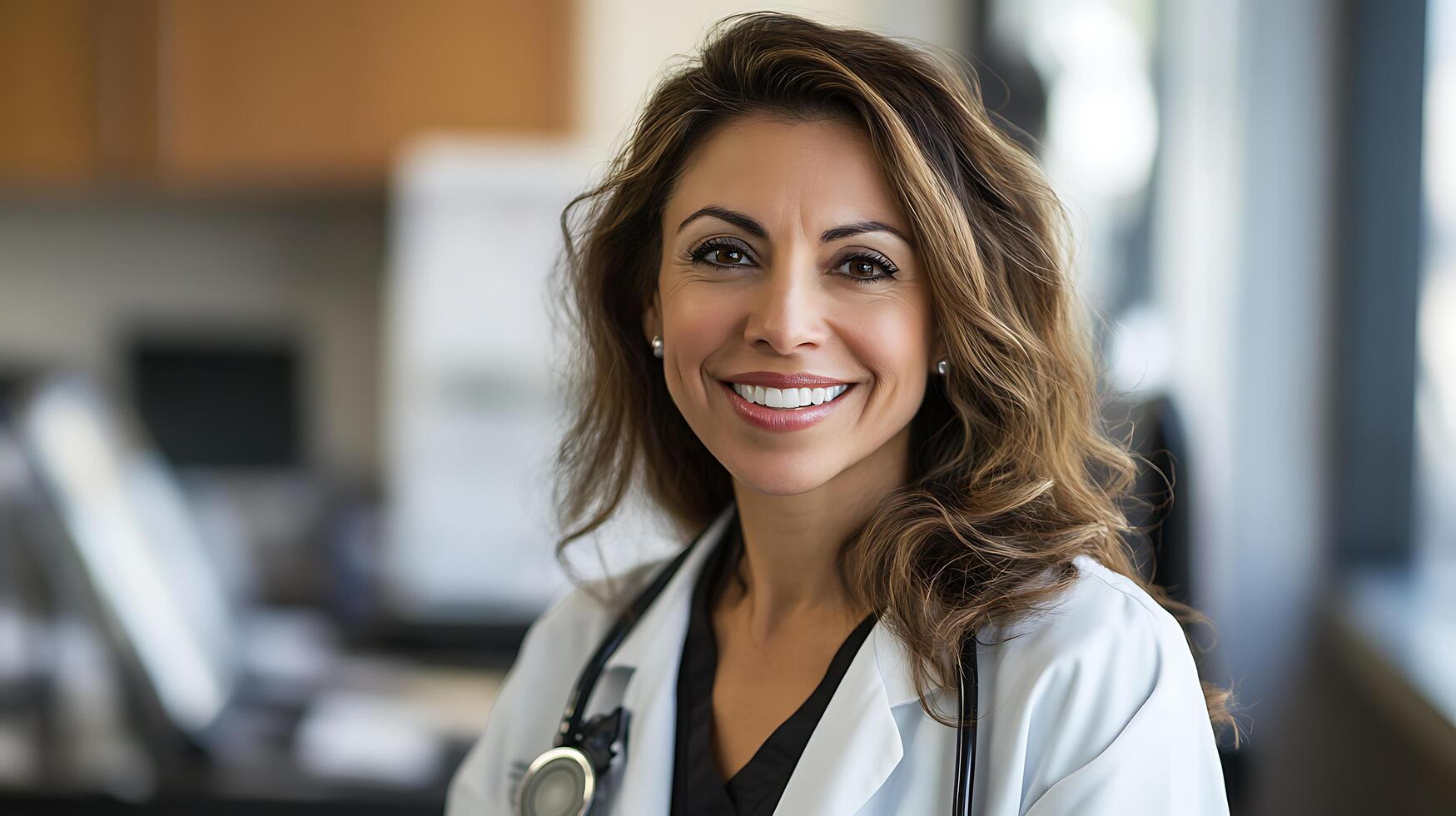 Portrait of a smiling healthcare professional in a white coat exuding confidence and competence in a modern medical environment photo