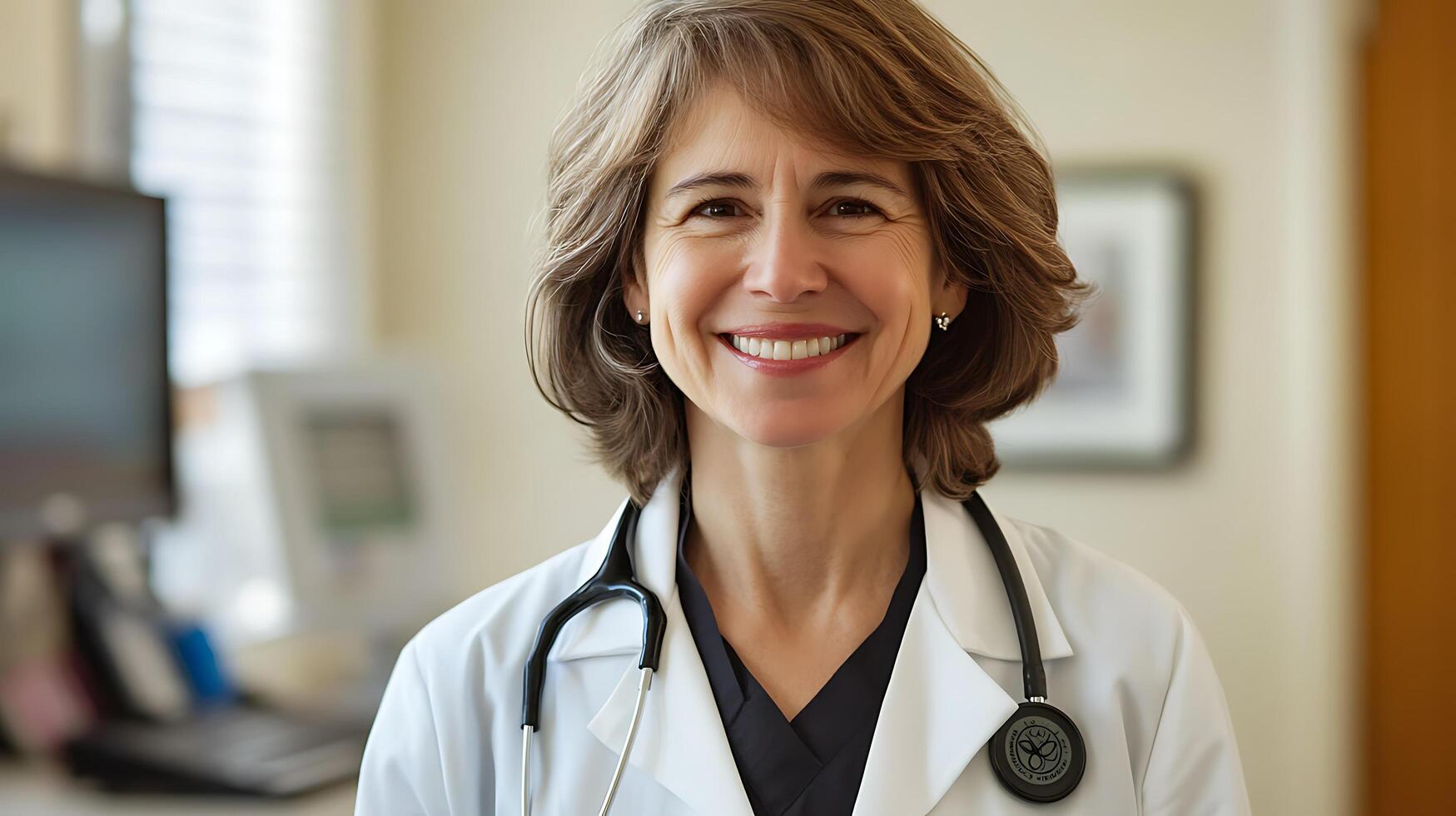 Smiling female doctor in white coat with stethoscope ready to help patients Empathetic physician for healthcare services positive demeanor photo