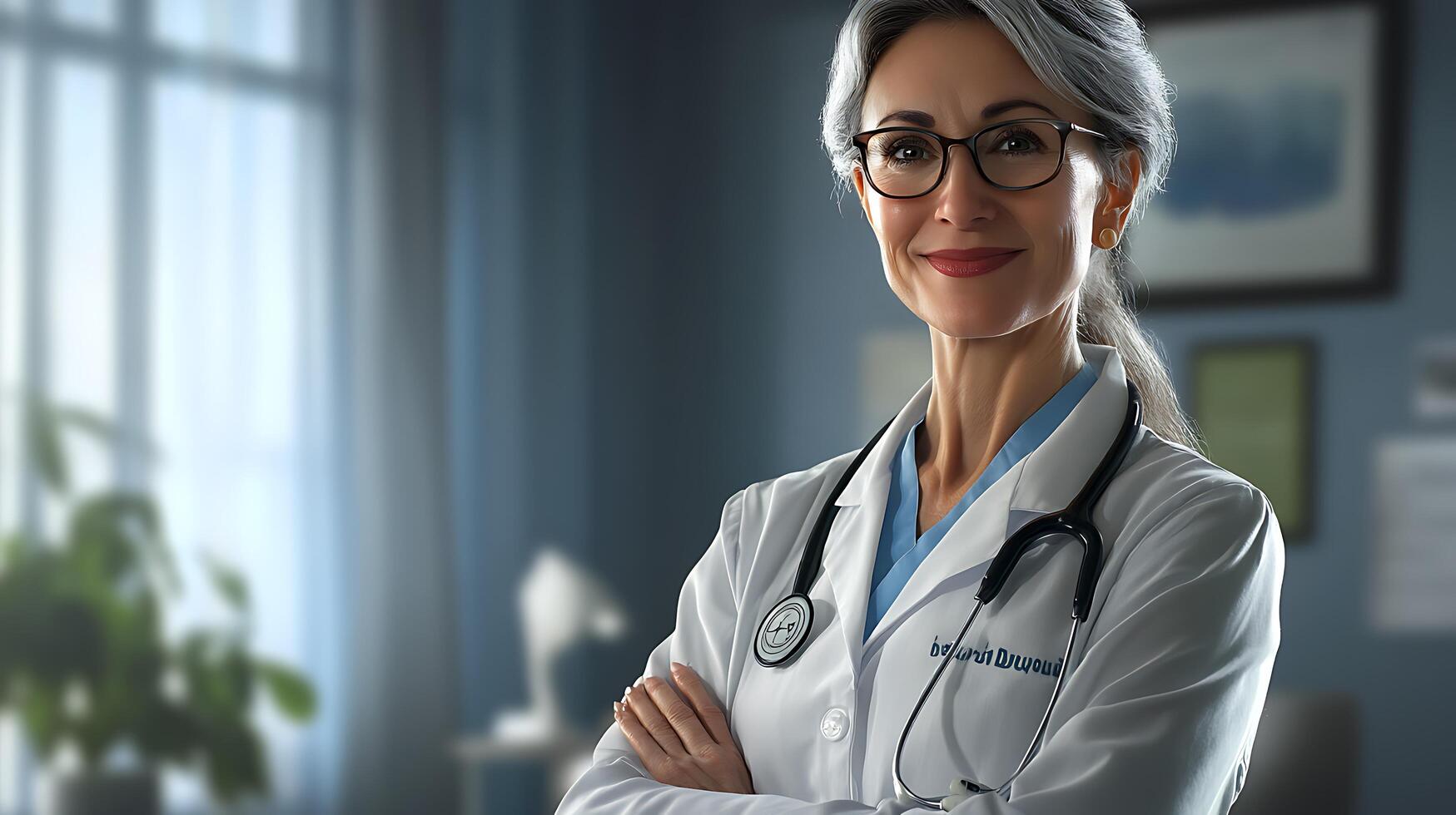 Confident female doctor with glasses and stethoscope in a medical setting with arms crossed and a slight smile on her face photo