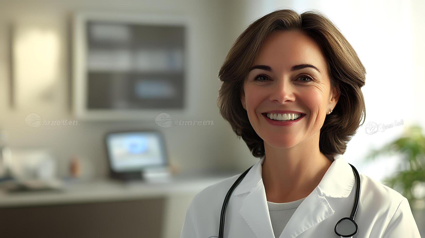 Professional healthcare worker smiles confidently wearing a stethoscope The doctor is ready to assist patients with compassion and expertise photo
