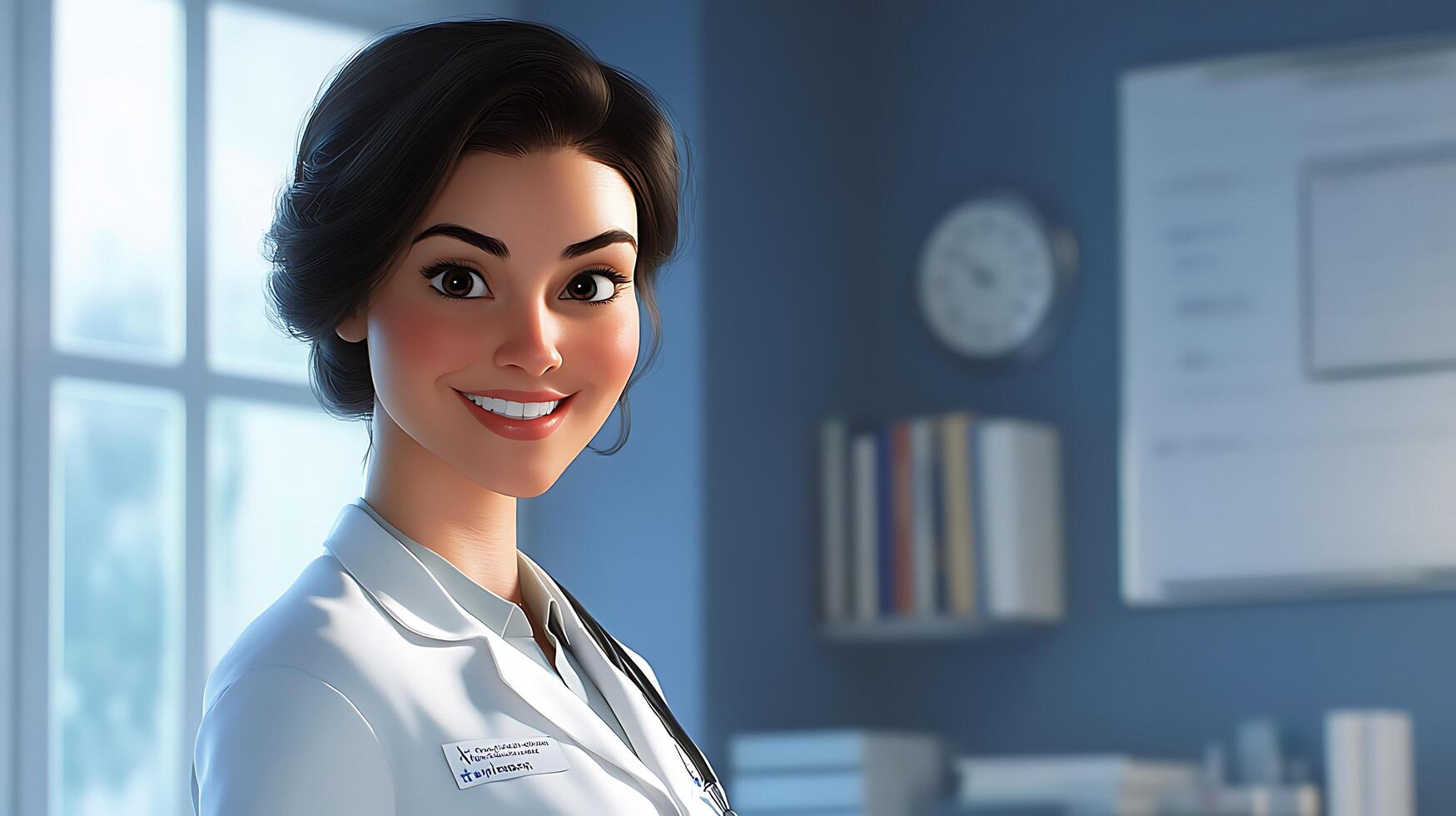 Friendly cartoon doctor smiles in her medical office creating a welcoming and professional atmosphere She wears a lab coat and stethoscope photo