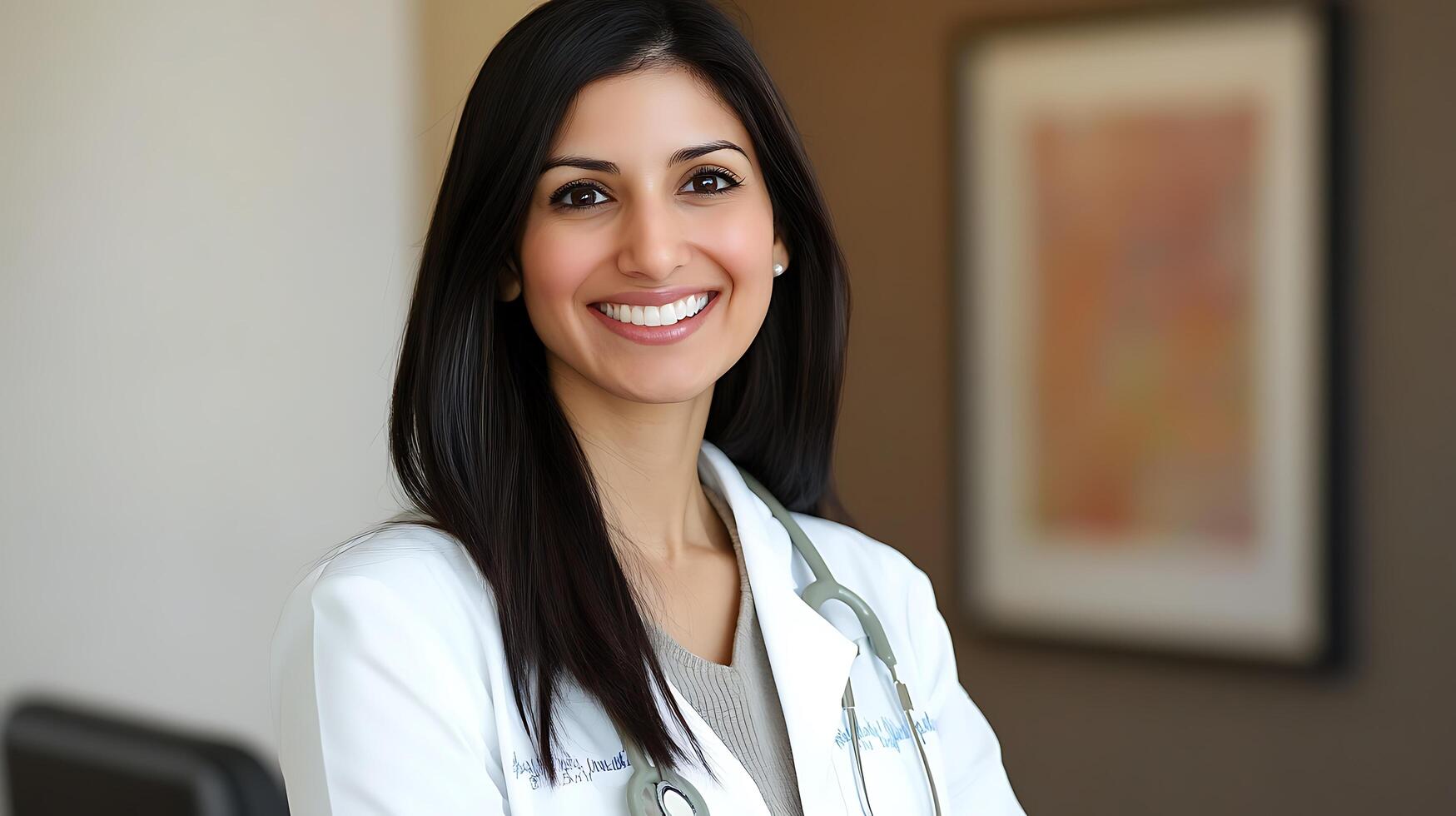 Portrait of a smiling female doctor in a white coat with a stethoscope radiating professionalism and warmth in a medical setting photo