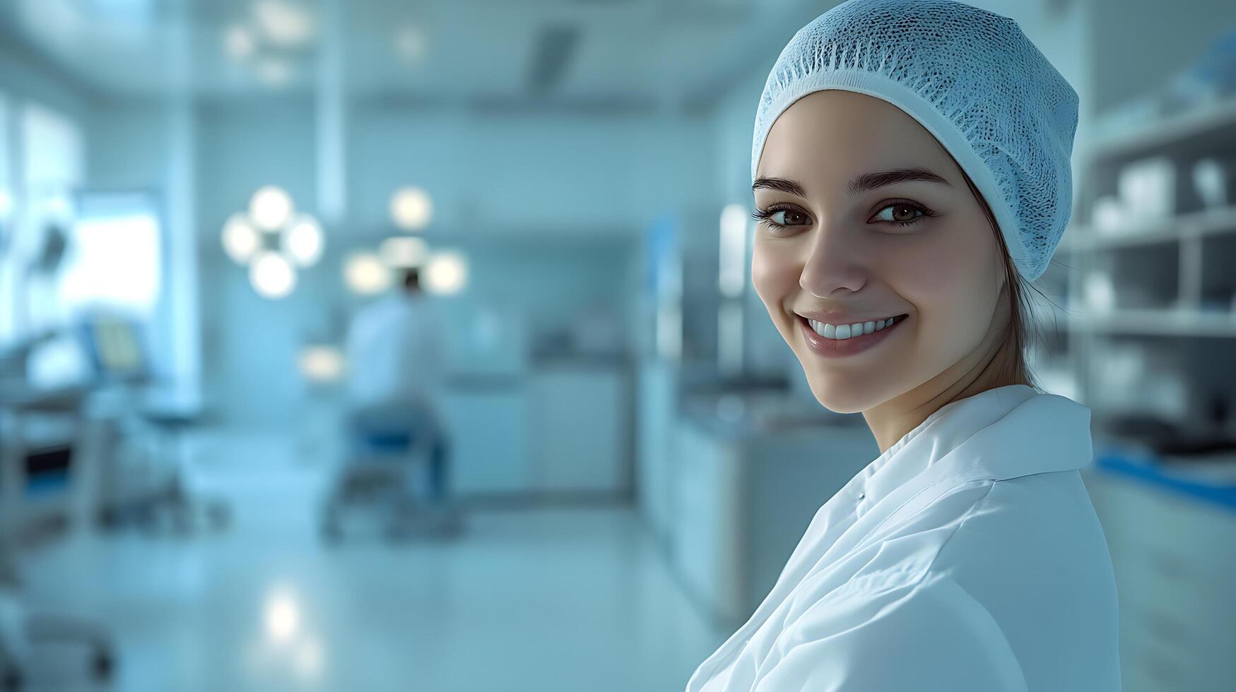 Smiling medical professional in a lab coat and surgical cap The background contains medical devices and equipment Healthcare concept photo