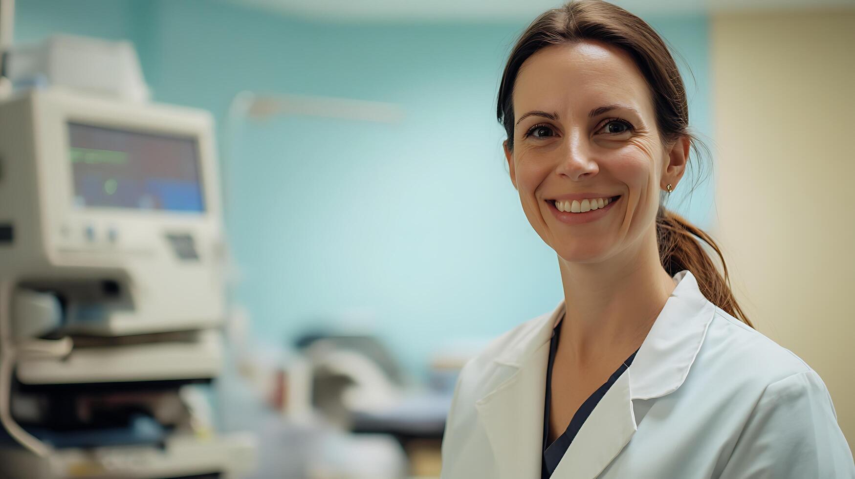 Smiling medical professional in lab coat with medical equipment in the background looking optimistic and trustworthy in the workplace photo