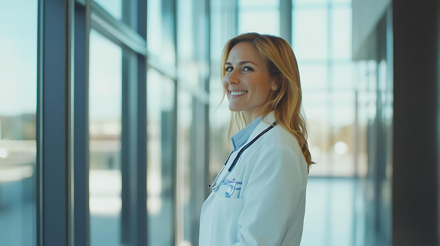 Smiling female doctor in a modern hospital standing near a window She wears a stethoscope and white coat exuding health and positivity photo