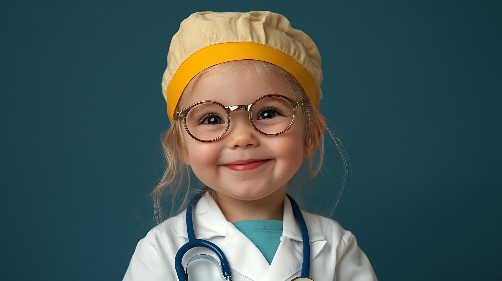 Little girl dressed as doctor with stethoscope glasses and doctor's coat smiling on blue background photo