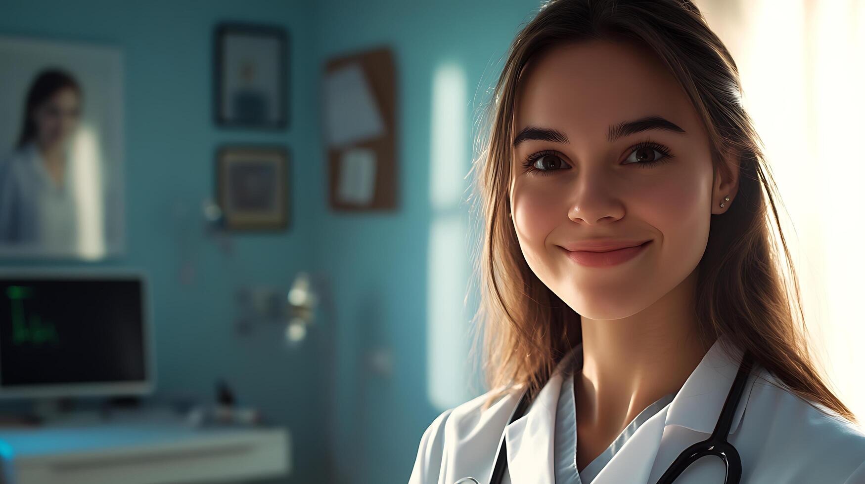 Smiling doctor in white coat with stethoscope in an office setting A modern hopeful image of healthcare photo