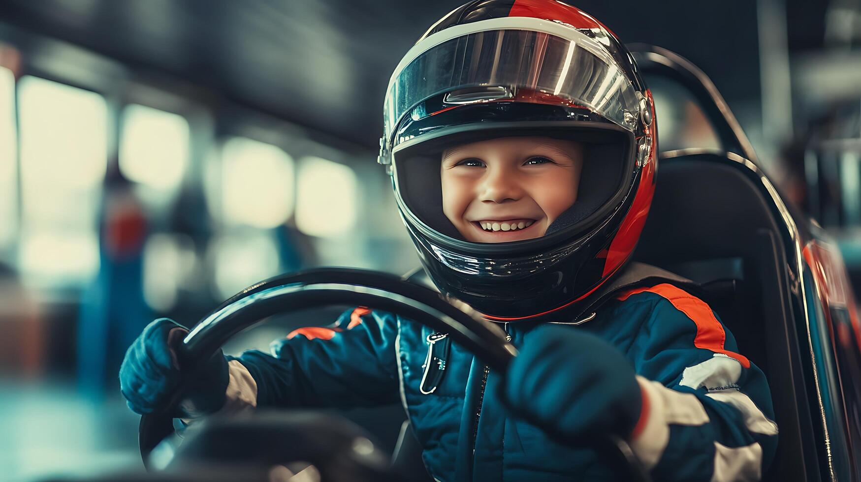 Enthusiastic young go-kart racer smiles ready to zoom around the track in his protective helmet and racing suit exuding joy and determination photo
