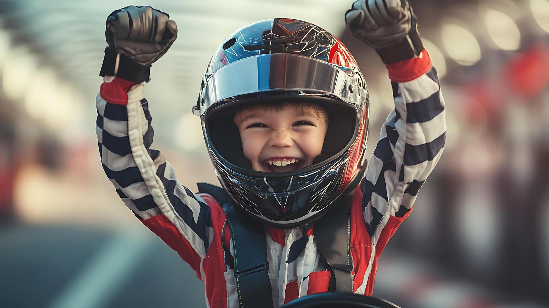Victorious young racer in helmet expressing joy with arms raised high after winning A champion's thrill photo