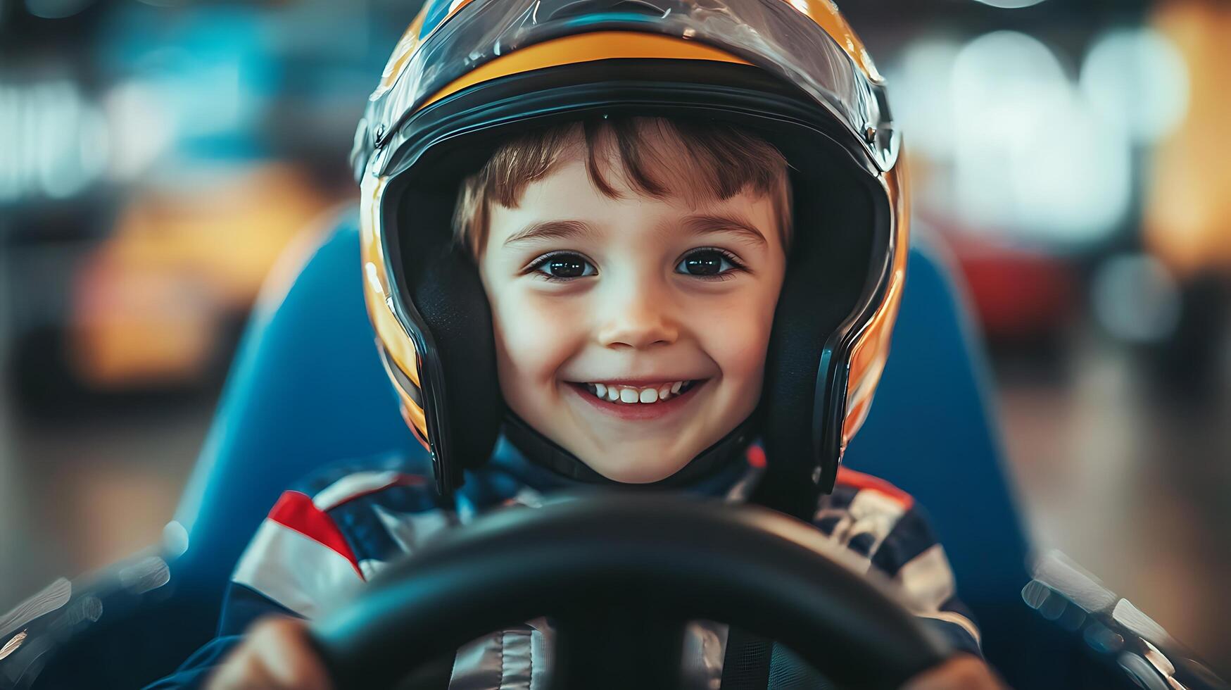 Enthusiastic young racer smiles while driving a go-kart wearing a safety helmet ready for an exciting and safe racing adventure photo