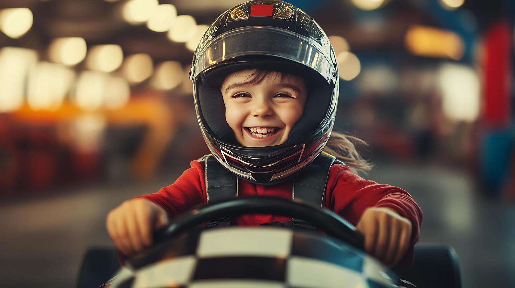 Smiling young girl in helmet driving a go-kart She looks happy and excited as she navigates the track ready for some fun photo
