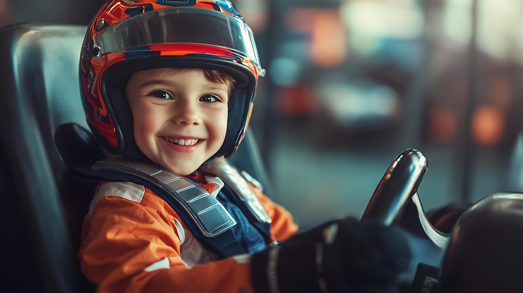 Smiling young child in go-kart orange suit and helmet driving with joy and passion for racing embodying the spirit of adventure and fun photo