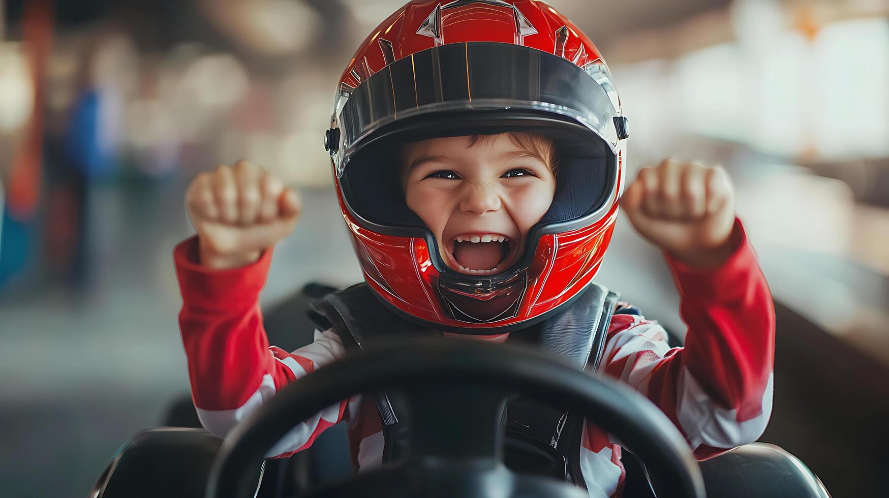 A young child wearing a racing helmet sits in a go-kart raising his fists in excitement ready for an adventure on the track photo