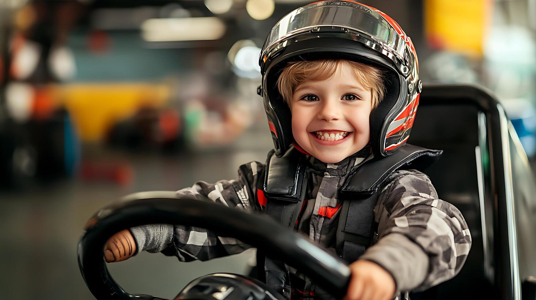 Young racer smiles broadly while gripping the steering wheel helmet and racing suit on ready for the ride of his life photo