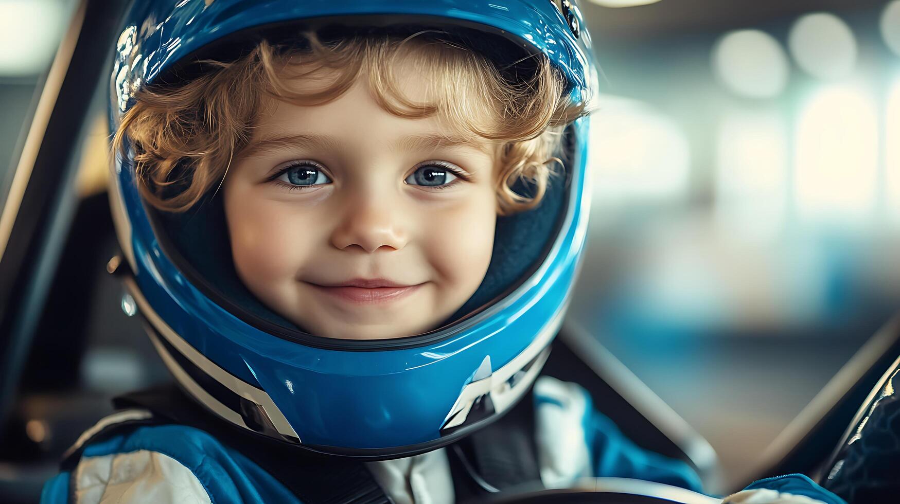 Smiling young racer in blue helmet bright eyes sparkling with anticipation ready for the thrill of the race ahead Cute and sporty photo