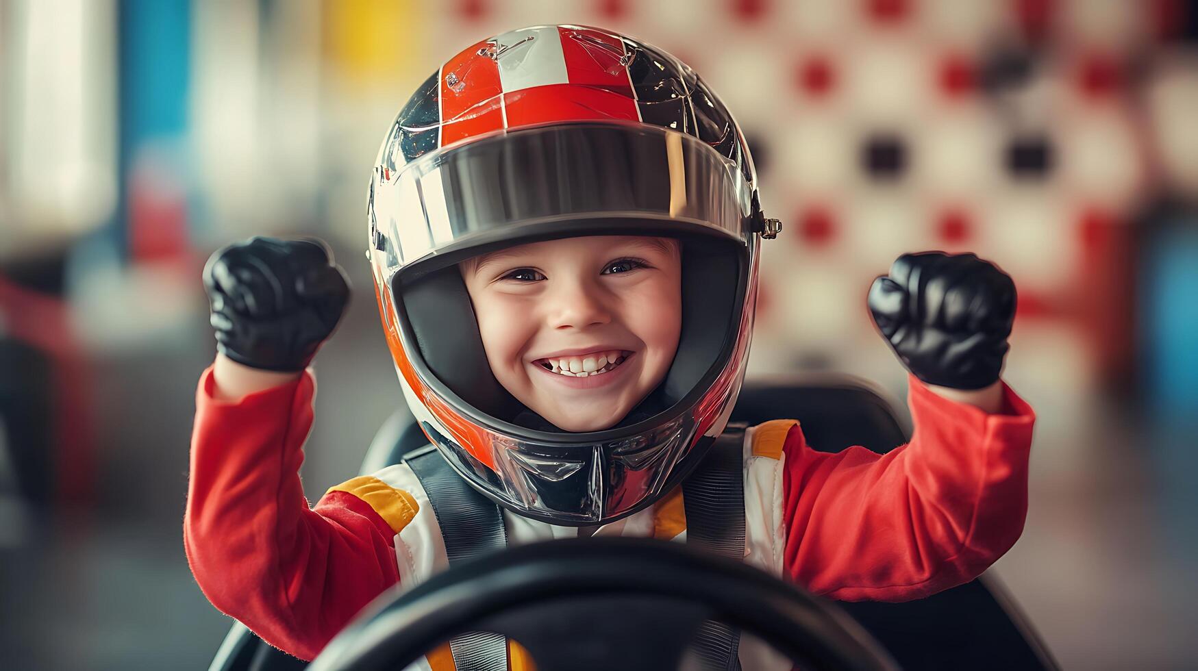Excited young boy ready to race Smiling with helmet and gloves looks to be winning and enjoying driving the racing machine Victory photo