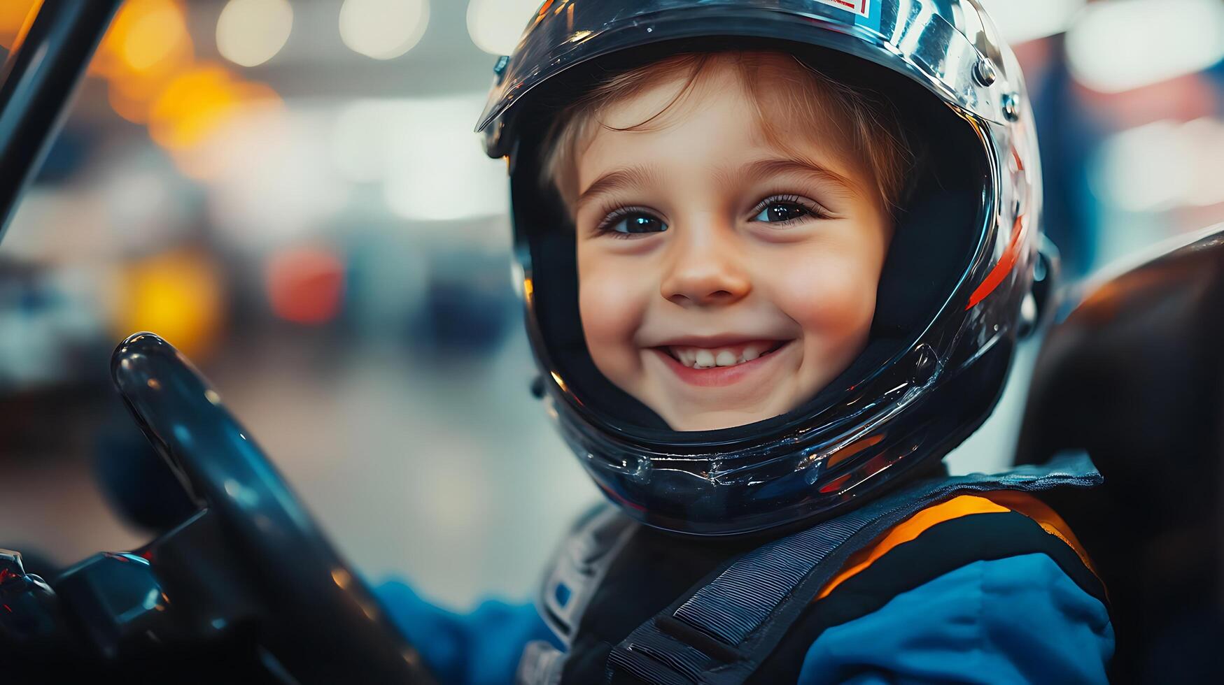 Smiling young child wearing a helmet and racing suit He is in a go-kart holding the steering wheel ready for an exciting race photo