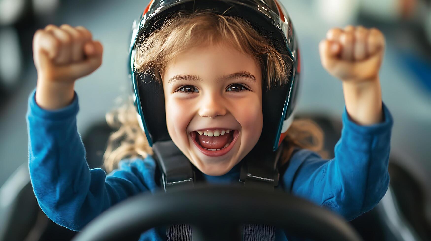 Young child wins a race Happy to win Cheerful kid wears a helmet while holding arms up in victory Thrilled with the race photo