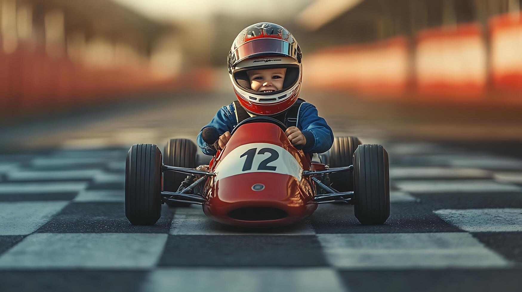 Young racer in a vintage race car on the track smiling under his helmet ready to become a racing champion photo