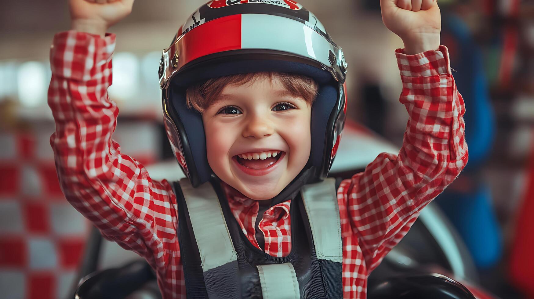 Victorious young racer raises his arms in triumph helmet still on celebrates a joyous victory with a big beaming smile photo
