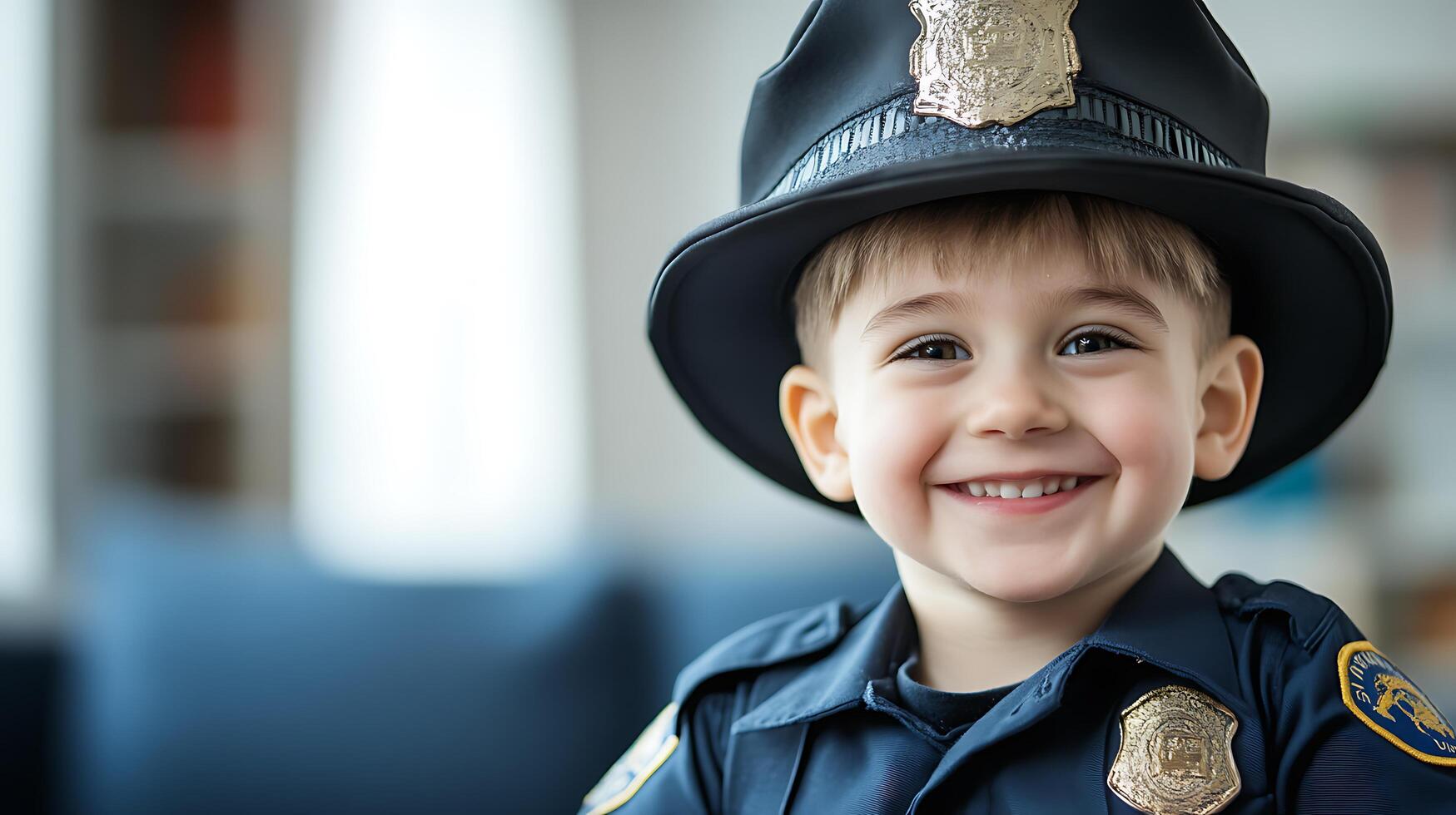 Young boy dressed in a police uniform smiles brightly at the camera embodying childhood innocence and playful imagination photo
