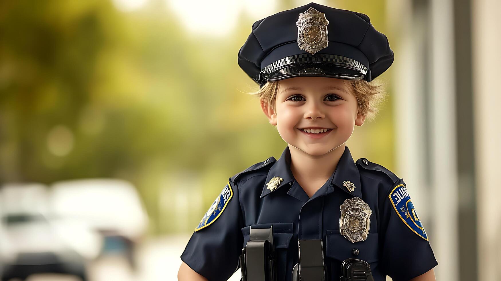 Enchanting young boy dressed in a police uniform radiating joy with a bright smile captures the essence of youthful aspiration photo