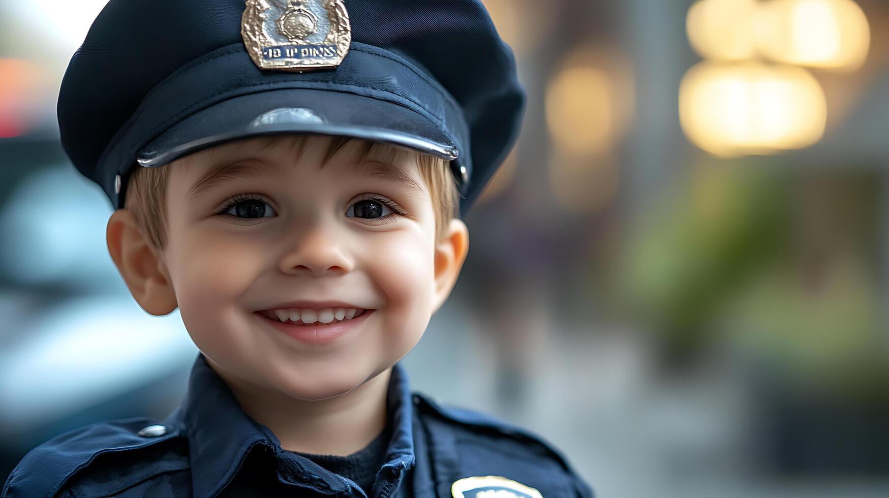 Smiling young child dressed up in a playful imitation police officer uniform for fun He poses proudly and shows off his costume photo