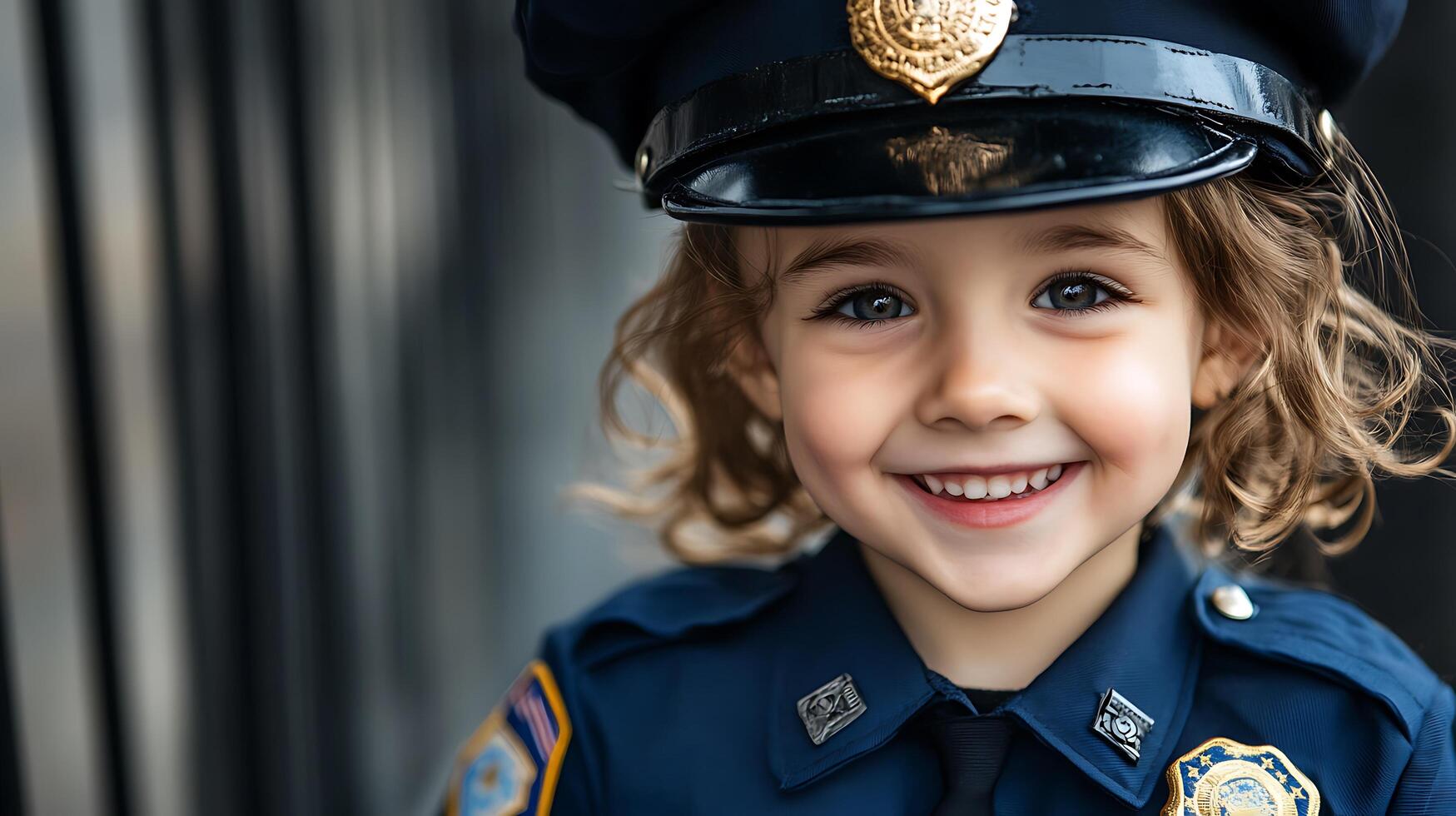 Little girl dressed as a police officer she wears a dark blue police uniform and cap and her expression is joyful and confident photo