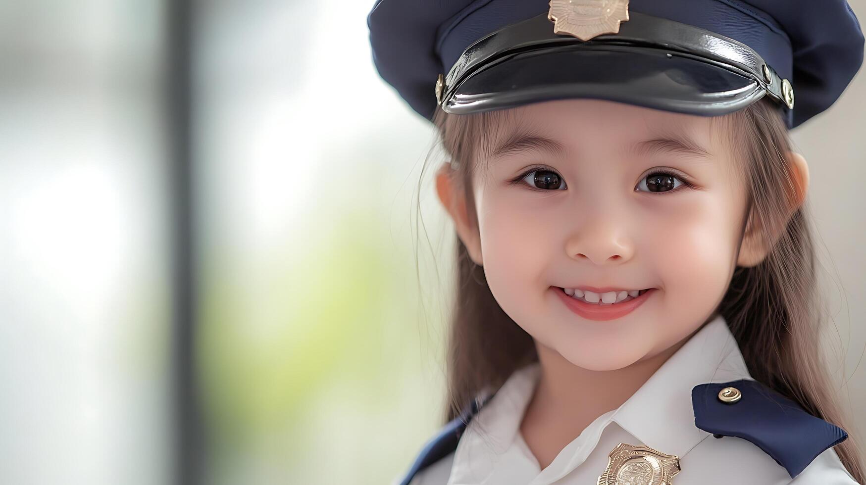 A charming young girl beaming with joy dressed in a playful police uniform set against a softly blurred bright backdrop photo