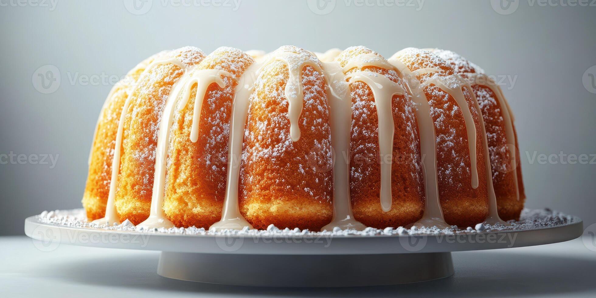 Delicious bundt cake decorated with icing sits on a white pedestal in a well-lit kitchen setting photo