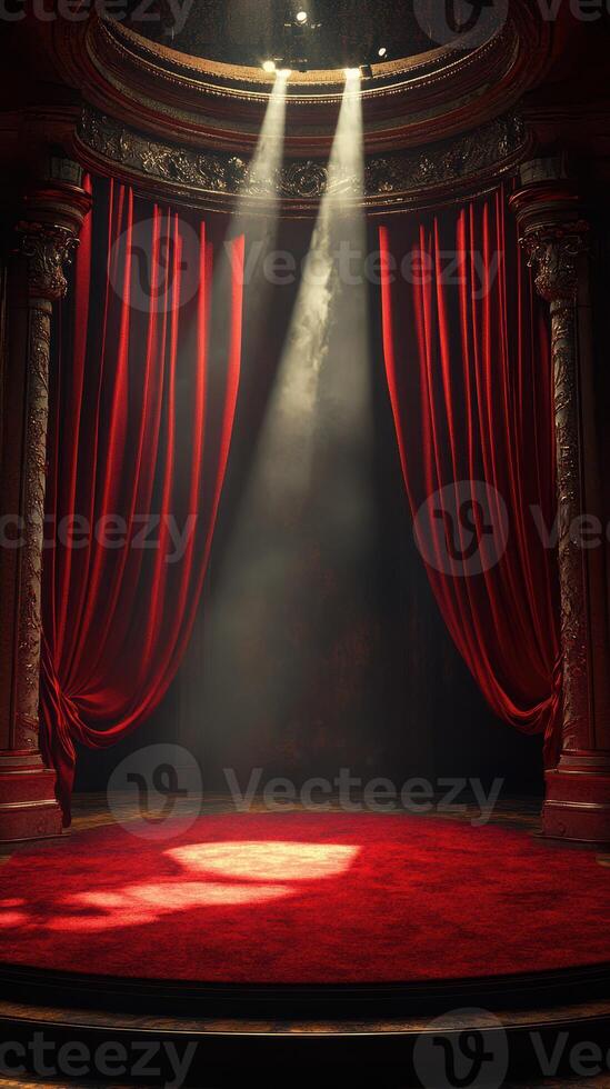 Stage set with red curtains illuminated by beams of light creating a dramatic atmosphere for a performance photo